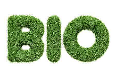 La palabra BIO representa con una textura de hierba verde exuberante, aislada sobre un fondo blanco, que simboliza la ecología y la vida orgánica. Ilustración 3D Render