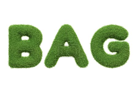 Le mot BAG rendu dans une texture d'herbe verte, favorisant l'utilisation de matériaux respectueux de l'environnement et durables dans les articles de tous les jours, isolé sur un fond blanc. Illustration 3D Render