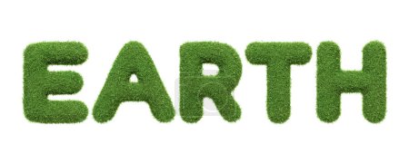 Das Wort ERDE präsentiert sich in einer saftig grünen Grasstruktur und unterstreicht die natürliche Schönheit unseres Planeten und die Notwendigkeit ökologischer Verantwortung, isoliert auf weißem Hintergrund. 3D Render illustration