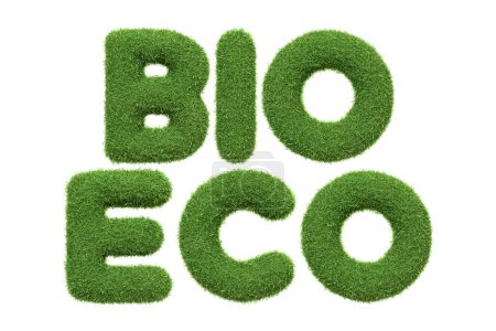 Les mots BIO et ECO ont été dessinés dans une texture d'herbe verte, symbolisant l'organique et l'écologie, isolés sur un fond blanc. Illustration 3D Render