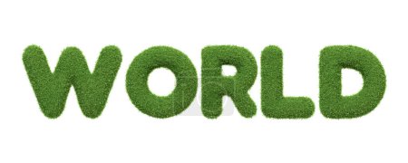 Le mot WORLD a été conçu dans une texture luxuriante d'herbe verte, représentant l'écologie mondiale et l'environnement naturel, isolé sur un fond blanc. Illustration 3D Render