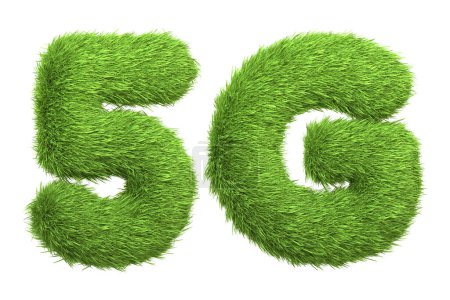 The 5G symbol, indicative of the fifth-generation technology standard for broadband cellular networks, depicted with a green grass texture isolated on a white background. 3D Render illustration