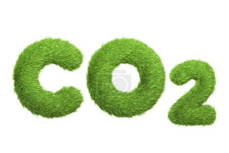 Das chemische Symbol CO2, dargestellt mit einer grünen Grasstruktur, unterstreicht das Konzept, den CO2-Fußabdruck auf umweltfreundliche Weise zu reduzieren, isoliert auf weiß. 3D Render illustration