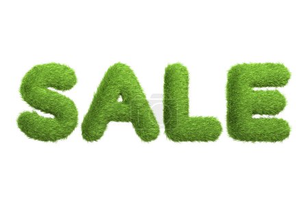 Téléchargez les photos : Le mot VENTE dans une texture d'herbe verte fraîche, représentant le shopping écologique et le consumérisme vert, isolé sur un fond blanc. Illustration 3D Render - en image libre de droit