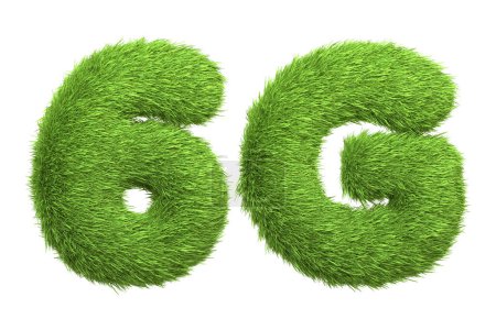 Das Symbol "6G" repräsentiert die nächste Generation drahtloser Technologie, dargestellt mit einer grünen Grasstruktur, die Nachhaltigkeit im technologischen Fortschritt betont, isoliert auf weiß. 3D Render illustration