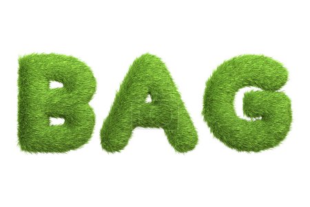 Le mot BAG rendu dans une texture d'herbe verte, favorisant l'utilisation de matériaux respectueux de l'environnement et durables dans les articles de tous les jours, isolé sur un fond blanc. Illustration 3D Render