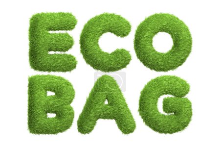L'expression ECO BAG a été conçue dans une texture luxuriante d'herbe verte, promouvant des alternatives réutilisables et durables aux plastiques à usage unique, isolés sur un fond blanc. Illustration 3D Render