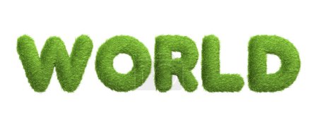 Das Wort WORLD, das in einer saftig grünen Grasstruktur gefertigt wurde, repräsentiert globale Ökologie und die natürliche Umwelt, isoliert auf weißem Hintergrund. 3D Render illustration