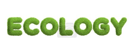 The word ECOLOGY in a fresh green grass texture, emphasizing the study and protection of the environment, isolated on a white background. 3D Render illustration
