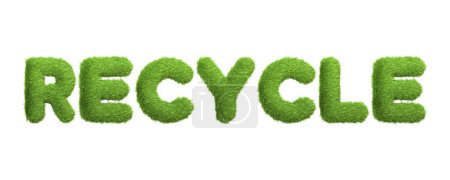 Téléchargez les photos : Le mot RECYCLE écrit dans une texture d'herbe verte, promouvant la responsabilité environnementale et l'importance du recyclage, isolé sur un fond blanc. Illustration 3D Render - en image libre de droit