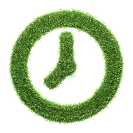 Téléchargez les photos : Un symbole d'horloge en herbe verte, représentant le temps, la durabilité et le rythme naturel de la vie, isolé sur un fond blanc. Illustration de rendu 3D - en image libre de droit