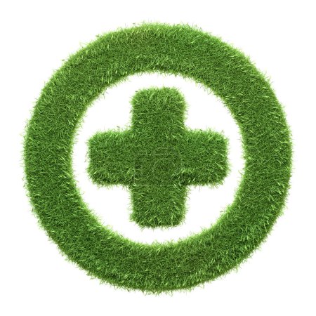 Foto de Un signo médico más encerrado en un círculo, elaborado a partir de hierba verde, que representa la salud y el bienestar ecológico, aislado sobre un fondo blanco. Ilustración de representación 3D - Imagen libre de derechos
