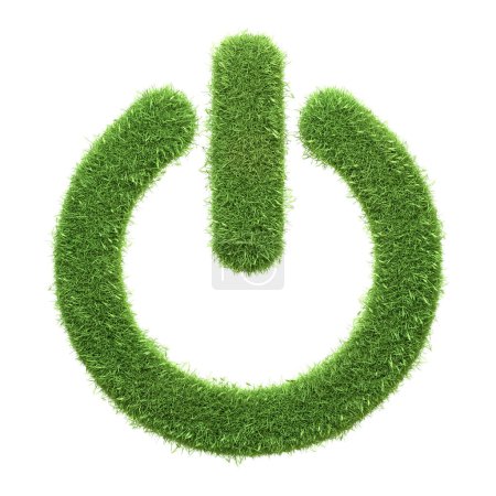 Ein umweltfreundliches Power-Button-Symbol aus grünem Gras, das Energieeinsparung und grüne Technologie symbolisiert, isoliert auf weißem Hintergrund. 3D-Darstellung