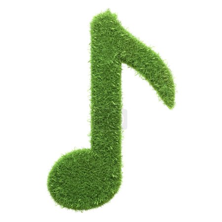 A single musical note symbol crafted from lush green grass, illustrating the concept of eco-friendly music or natural sound, isolated on a white background. 3D render illustration