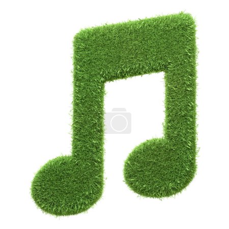 Musikalische Noten aus lebendigem grünen Gras, das die Harmonie zwischen Musik und Natur symbolisiert, isoliert auf weißem Hintergrund. 3D-Darstellung