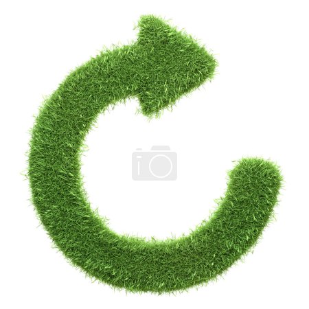 Une flèche circulaire en herbe verte symbolisant le recyclage, les processus respectueux de l'environnement et le cycle de la nature, isolée sur blanc. Illustration de rendu 3D