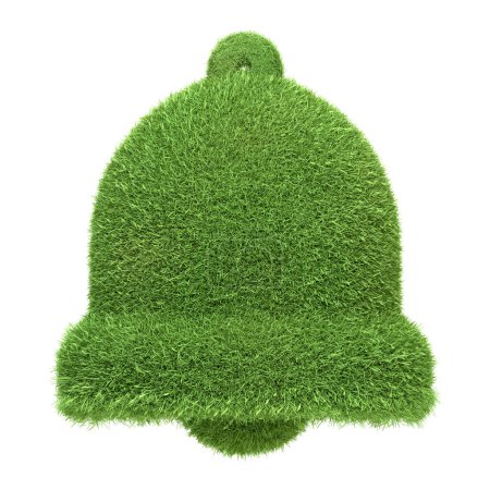 A notification bell icon designed with green grass texture, representing alerts in an eco-friendly context, isolated on white background. 3D render illustration