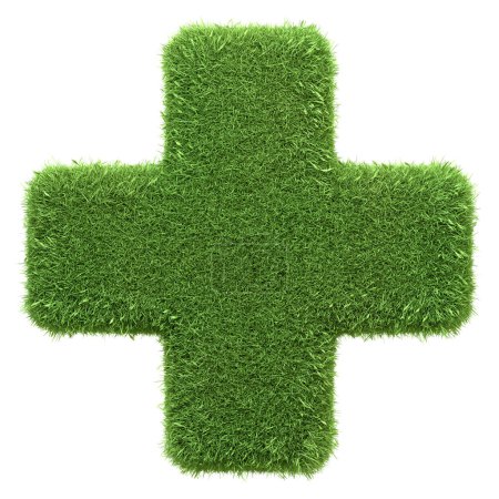 Téléchargez les photos : Un signe plus fabriqué à partir d'herbe verte, symbolisant la croissance positive et l'addition naturelle, isolé sur un fond blanc. Illustration de rendu 3D - en image libre de droit