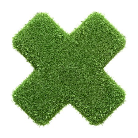 A green grass textured multiplication sign isolated on a white background, symbolizing growth and multiplication in nature, isolated on a white backdrop. 3D render illustration