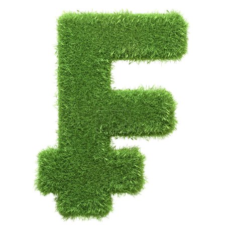 Schweizer Franken-Zeichen mit einer dichten grünen Grasstruktur isoliert auf weißem Hintergrund, die Wohlstand, Nachhaltigkeit und ein umweltbewusstes Finanzwesen symbolisiert. 3D-Darstellung
