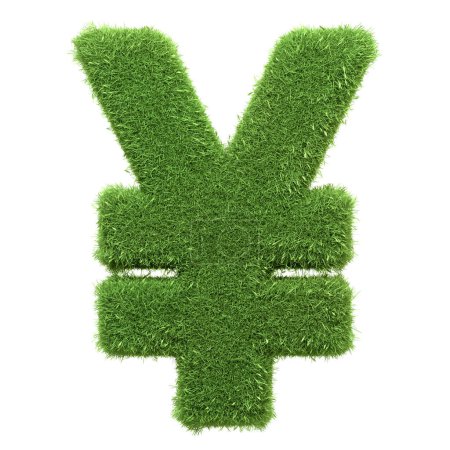 Foto de El símbolo de la moneda del yen japonés representado en la hierba verde vibrante aislado sobre un fondo blanco, que representa la prosperidad y la economía ecológica. Ilustración de representación 3D - Imagen libre de derechos