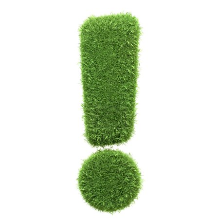 Foto de Un símbolo de signo de exclamación de puntuación hecho de hierba verde aislada sobre un fondo blanco, que representa emoción o importancia en los temas de la naturaleza, aislado en blanco. Ilustración de representación 3D - Imagen libre de derechos