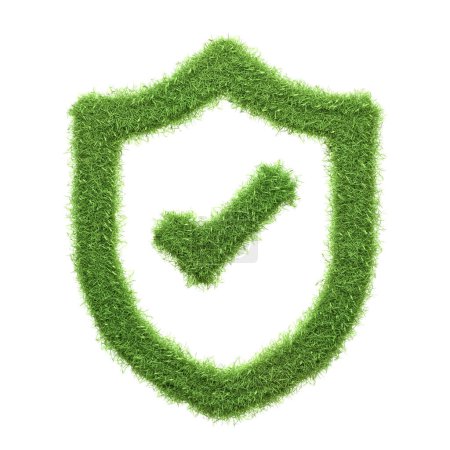 Foto de Una marca de verificación texturizada de hierba verde dentro de un escudo, que simboliza protección, aprobación y compromiso con la sostenibilidad ambiental y la seguridad aislada sobre un fondo blanco. Ilustración de representación 3D - Imagen libre de derechos