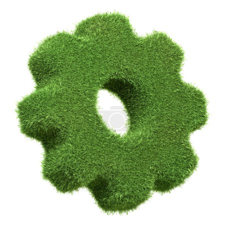 A gear symbol made of green grass, representing eco-friendly industry, sustainable technology, and green innovation, isolated on a white background. 3D render illustration