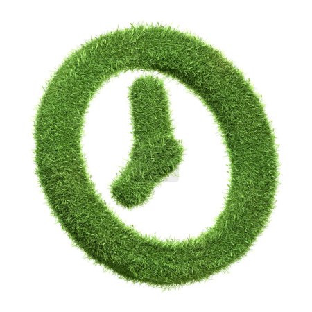A clock symbol made of green grass, representing time, sustainability, and the natural rhythm of life, isolated on a white background. 3D render illustration