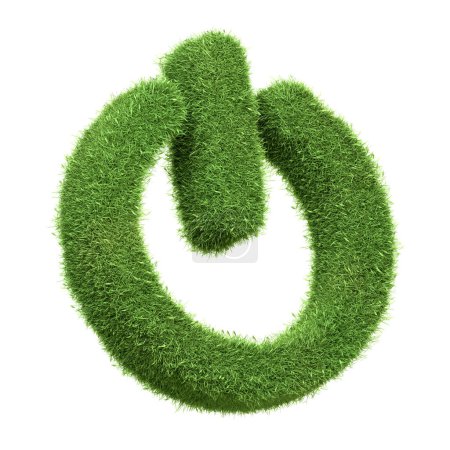 An eco-friendly power button icon made of green grass, signifying energy conservation and green technology, isolated on a white background. 3D render illustration