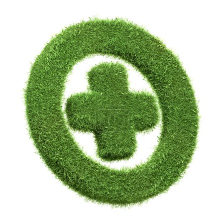 Photo for A medical plus sign enclosed in a circle, crafted from green grass, representing healthcare and eco-wellness, isolated on a white background. 3D render illustration - Royalty Free Image