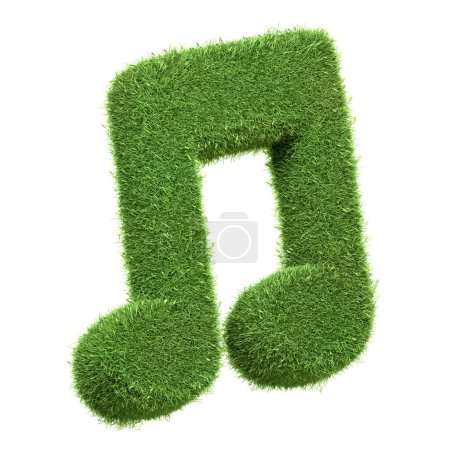 Notas musicales compuestas de hierba verde vibrante, que simbolizan la armonía entre la música y la naturaleza, aisladas sobre un fondo blanco. Ilustración de representación 3D