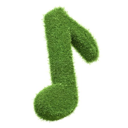 Téléchargez les photos : Symbole d'une seule note de musique fabriqué à partir d'herbe verte luxuriante, illustrant le concept de musique écologique ou de son naturel, isolé sur un fond blanc. Illustration de rendu 3D - en image libre de droit