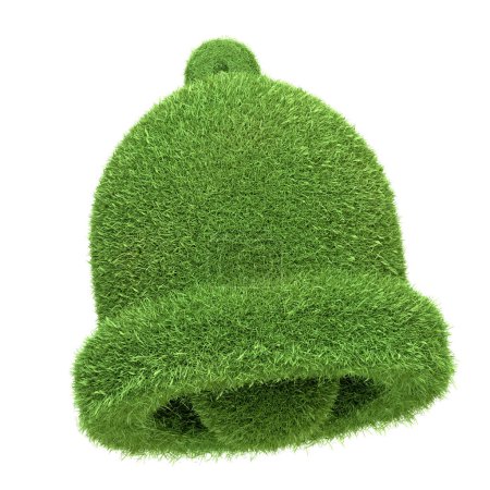 Téléchargez les photos : Une icône de cloche de notification conçue avec une texture d'herbe verte, représentant des alertes dans un contexte respectueux de l'environnement, isolée sur fond blanc. Illustration de rendu 3D - en image libre de droit
