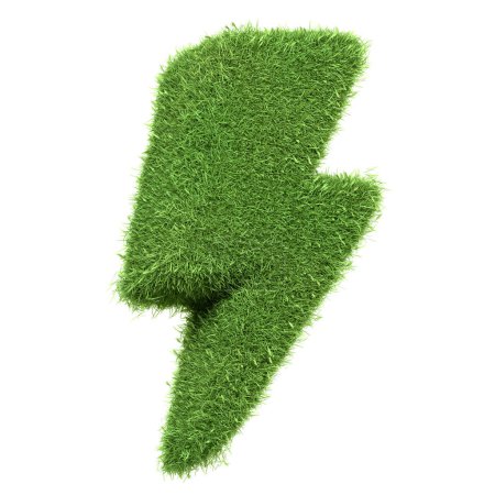 Un llamativo rayo símbolo creado a partir de hierba verde vibrante, que simboliza la energía y el poder natural, aislado sobre fondo blanco. Ilustración de representación 3D