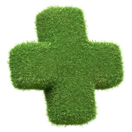 Un signe plus fabriqué à partir d'herbe verte, symbolisant la croissance positive et l'addition naturelle, isolé sur un fond blanc. Illustration de rendu 3D