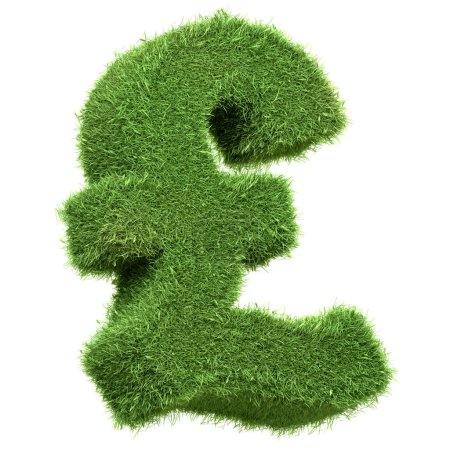 Das Schild der britischen Pfund-Währung, das aus sattgrünem Gras isoliert auf weißem Hintergrund gefertigt wurde, spiegelt ein Konzept der grünen Wirtschaft und nachhaltigen Finanzwirtschaft wider. 3D-Darstellung