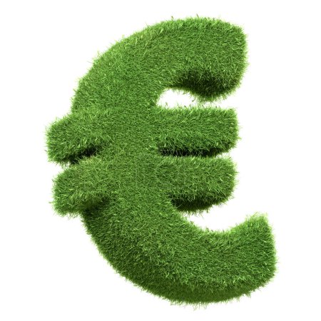 Euro-Währungssymbol in saftig grünem Gras isoliert auf weißem Hintergrund, was auf Wirtschaftswachstum und umweltfreundliches Finanzwesen hindeutet, isoliert auf weißem Hintergrund. 3D-Darstellung