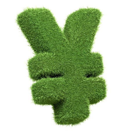 Das japanische Yen-Währungssymbol, dargestellt in leuchtend grünem Gras isoliert auf weißem Hintergrund, steht für Wohlstand und umweltfreundliche Wirtschaft. 3D-Darstellung