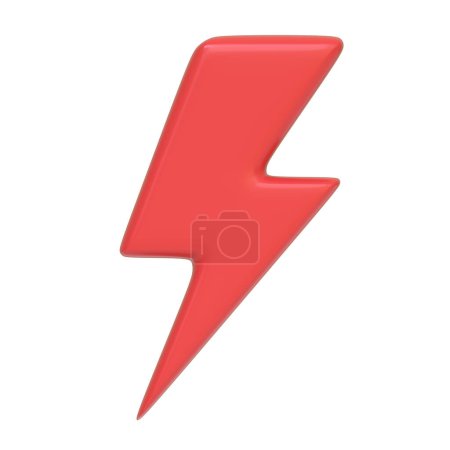Roter Blitz, gemeinhin mit Geschwindigkeit, Elektrizität und Strom assoziiert, isoliert auf weißem Hintergrund. 3D-Symbol, Zeichen und Symbol. Frontansicht. 3D Render Illustration