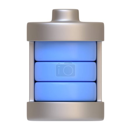Voll aufgeladene Batterie Symbol leuchtet blau, was volle Leistung und hohen Energieniveau isoliert auf weißem Hintergrund darstellt. 3D-Symbol, Zeichen und Symbol. Frontansicht. 3D Render Illustration