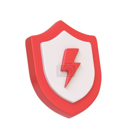 Protective red shield featuring a lightning bolt, symbolizing energy or electrical protection, isolated on white background. 3D icon, sign and symbol. Side view. 3D Render Illustration
