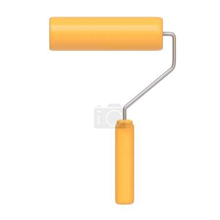 Yellow paint roller with a comfortable handle, isolated on a white background. 3D icon, sign and symbol. Front view. 3D Render Illustration