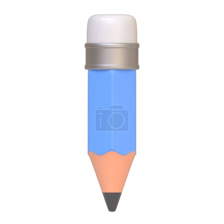 Classic blue pencil with a pink eraser and a sharp tip, isolated on a white background. 3D icon, sign and symbol. Front view. 3D Render Illustration