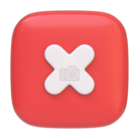 Foto de Botón cuadrado rojo con una cruz blanca aislada sobre un fondo blanco, que suele representar una opción de eliminación o rechazo en las interfaces de usuario. Icono 3D, signo y símbolo. Vista frontal. Renderizado 3D - Imagen libre de derechos