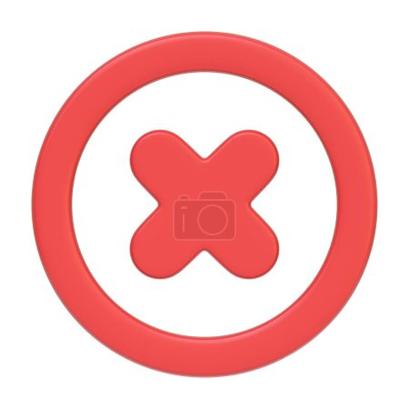 Foto de Botón circular rojo con una cruz en el centro aislado sobre un fondo blanco, comúnmente utilizado como icono de error o funciones de cierre. Icono 3D, signo y símbolo. Vista frontal. Ilustración de renderizado 3D - Imagen libre de derechos