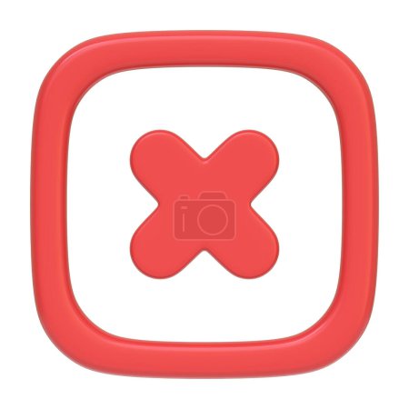 Photo for Red rounded square button featuring a bold cross isolated on a white background, commonly associated with error messages or the option to close a window. Icon, sign and symbol. Front view. 3D Render - Royalty Free Image