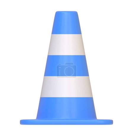 Photo for Blue and white striped traffic cone isolated on a white background. 3D icon, sign and symbol. Front view. 3D Render Illustration - Royalty Free Image