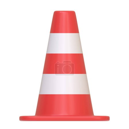 Red and white striped traffic cone isolated on a white background. 3D icon, sign and symbol. Front view. 3D Render Illustration