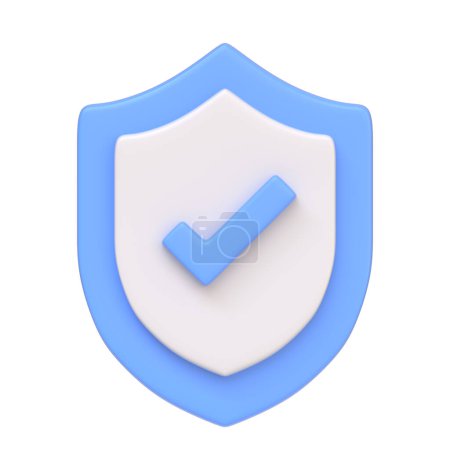 Foto de Escudo azul y blanco con una marca de verificación, que simboliza la verificación o la seguridad, aislado sobre fondo blanco. Icono 3D, signo y símbolo. Vista frontal. Ilustración de renderizado 3D - Imagen libre de derechos